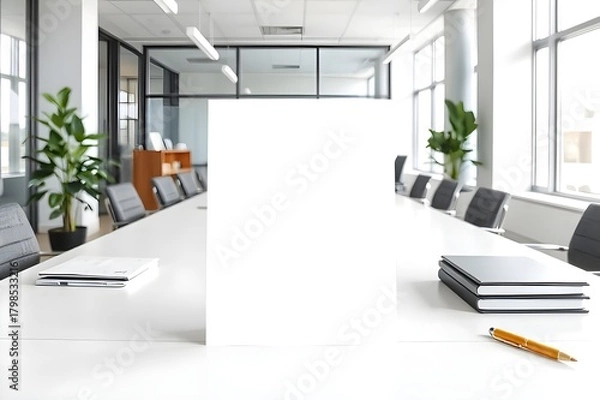 Fototapeta Professionelles A4 Flyer-Mockup: Leere Vorlage auf minimalistischem Schreibtisch.