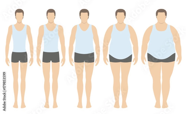 Fototapeta Body mass index vector illustration from underweight to extremely obese in flat style. Man with different obesity degrees. Male body with different weight.
