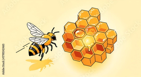 Obraz Bee Flying Towards Honeycomb Illustration with Dripping Honey