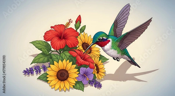 Fototapeta Hummingbird Feeding on Colorful Flowers Illustration