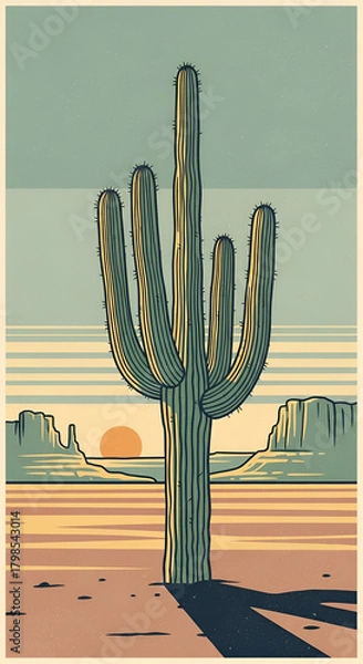 Fototapeta Cactus Silhouette in Desert Landscape at Sunset
