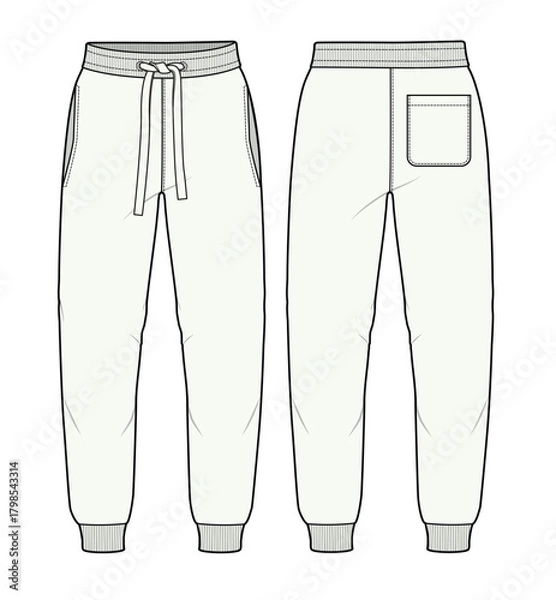Fototapeta men's joggers front and back view flat drawing vector design mockup template.
