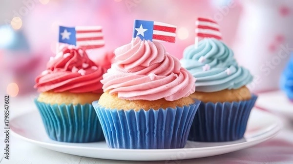 Fototapeta Colorful cupcakes with american flags and pastel frosting for a patriotic celebration