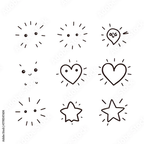Fototapeta Set of cute line doodle comic design elements. Movement and motion expression, magic and light effect, heart, star shape sketch. Childish handwriting scribbles. Japanese style drawing