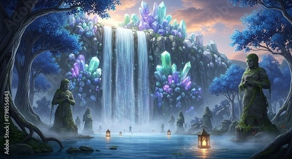Fototapeta Enchanted Waterfall Sanctuary with Crystal Formations and Stone Guardians.
