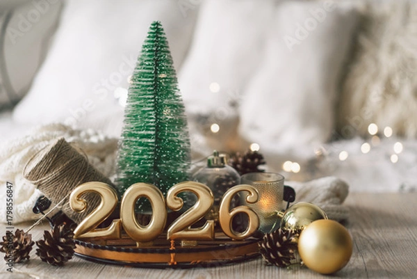 Obraz Decorative candles and a small Christmas tree create a cozy scene celebrating the New Year in winter 2026