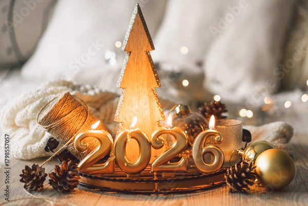 Fototapeta Decorative candles and a small Christmas tree create a cozy scene celebrating the New Year in winter 2026