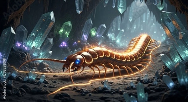 Fototapeta Glowing Cave Centipede Discovery in Crystal Cavern with Scientist.