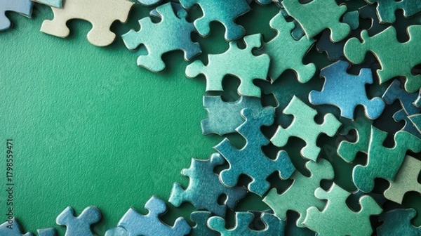 Fototapeta Puzzle pieces on a green surface create a captivating visual composition
