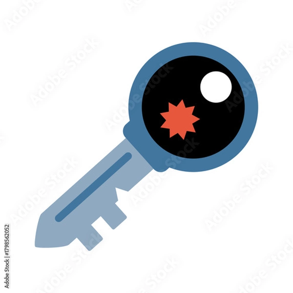 Fototapeta A flat vector key icon symbolizing access, security, and authentication. The design features a blue key with a dark bow, highlighted by a star-like detail at the center.