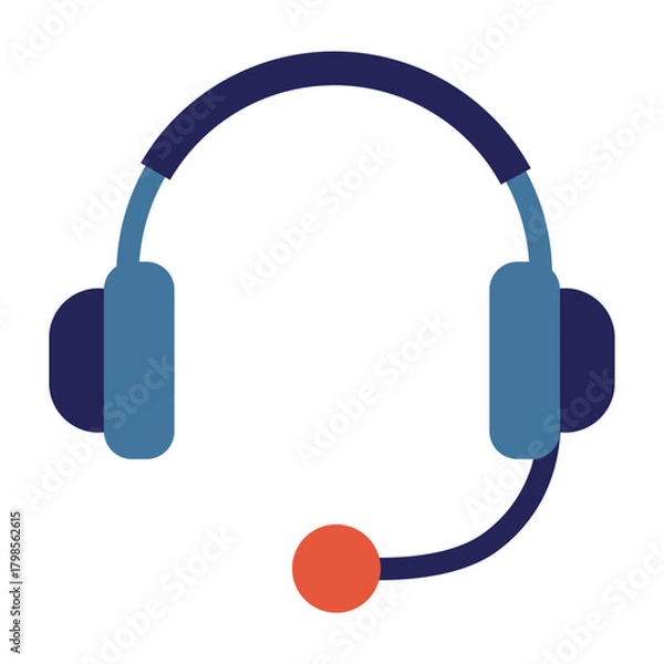 Fototapeta A flat icon of a blue headset with a mic, symbolizing customer support, communication, and help services in digital apps or call center interfaces.