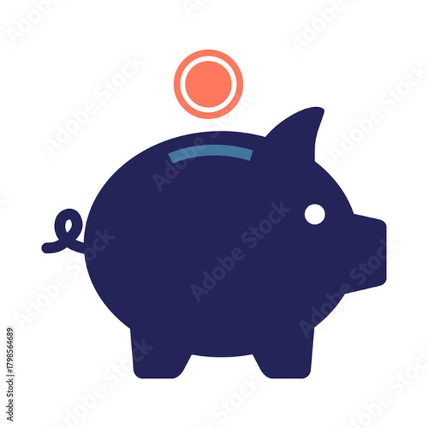 Fototapeta A simple flat piggy bank illustration symbolizing saving money, financial planning, budgeting, and learning basic saving habits in an easy, friendly way.