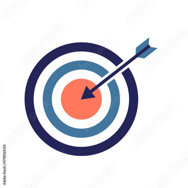 Fototapeta A flat vector bullseye target with blue concentric circles and an arrow hitting the orange center, symbolizing goals, accuracy, achievement, and focus.