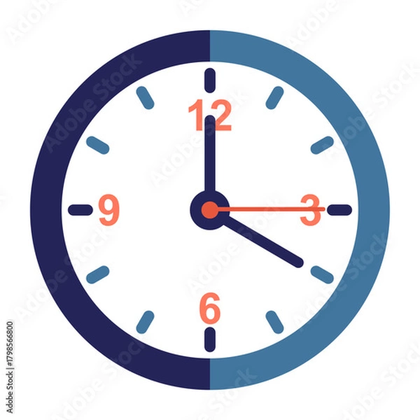 Fototapeta Flat vector analog clock icon in a circular design with split dark-blue and light-blue halves, bold orange numbers, and clean minimal hands.