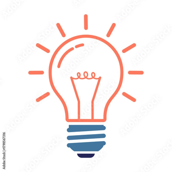 Fototapeta Vector icon of a glowing light bulb symbolizing fresh ideas, creative thinking, innovation, and bright solutions in a simple and modern graphic style.