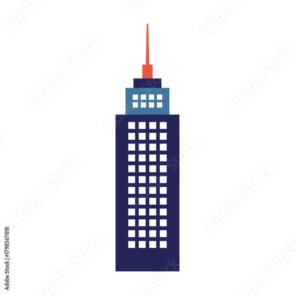 Fototapeta Simple flat-style illustration of a tall blue skyscraper with neat white windows, a light-blue top section, and an orange antenna on a clean white background.