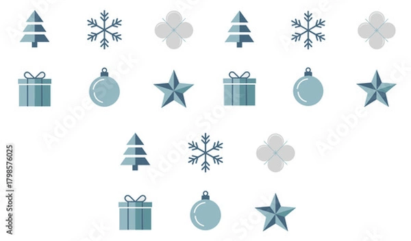 Fototapeta Simple and modern flat design vector icon set featuring cool blue and grey Christmas elements including trees, snowflakes, stars, gift boxes, and festive bauble ornaments, perfect for website graphics