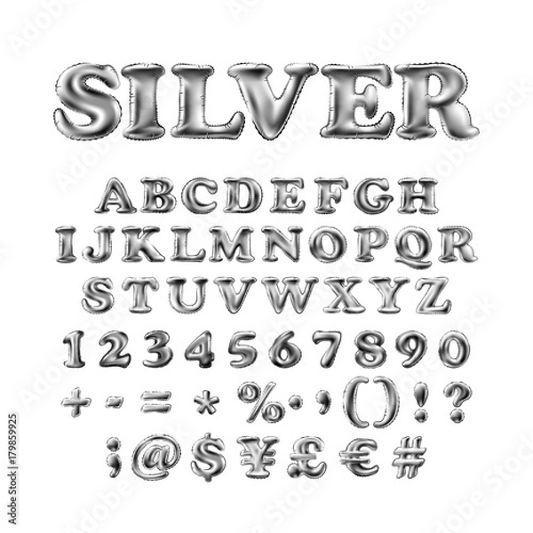 Fototapeta Full english alphabet of silver inflatable balloons with exclamation point, question mark and hashtag isolated on white background