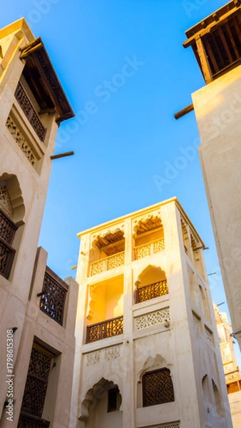 Obraz Traditional architecture in Bahrain with ornate balconies and clear blue sky.