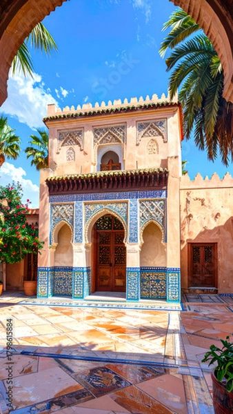 Obraz Architectural Beauty - A Moroccan Building with Intricate Tilework and Arches.