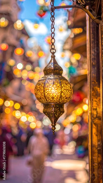 Obraz Ornate Moroccan Lantern Illuminating a Vibrant Bazaar with Blurred Background.