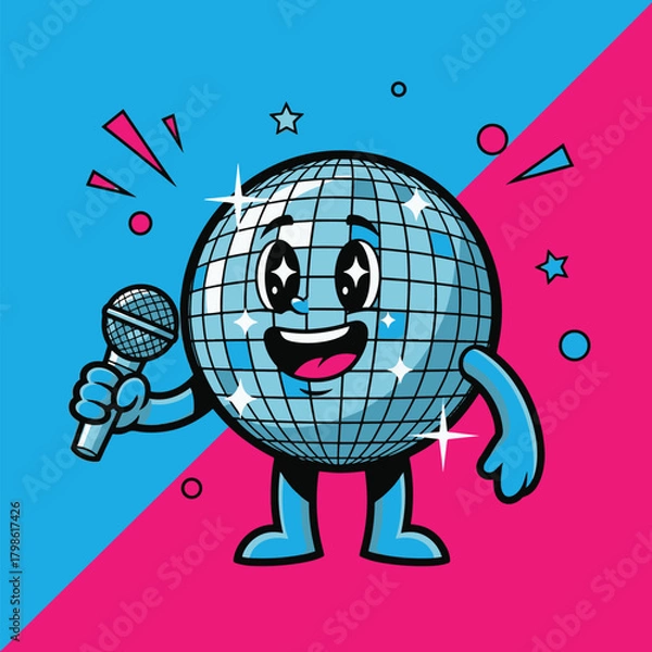 Fototapeta A cartoon disco ball character with arms and legs, holding a microphone and singing with a happy expression.
