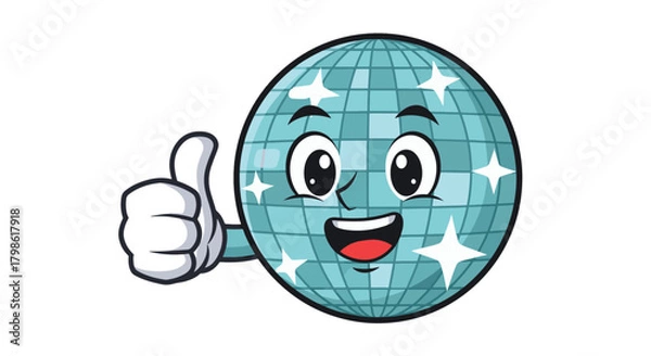 Fototapeta Cartoon disco ball character with a happy face and a thumbs up gesture, smiling.