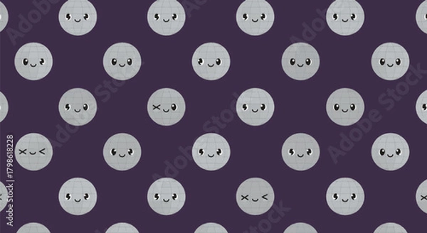 Fototapeta A seamless pattern of cute gray polka dots with kawaii faces on a dark purple background.