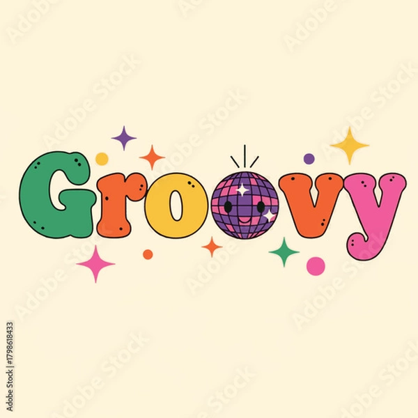 Fototapeta Colorful retro design with the word "Groovy", a disco ball, and starbursts on a cream background.
