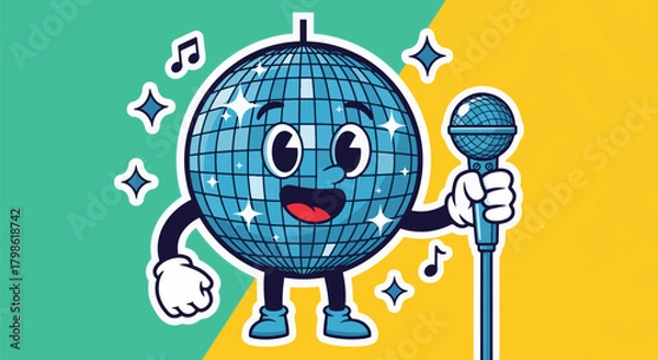 Fototapeta A retro-style cartoon disco ball with arms and legs holding a microphone, surrounded by musical notes and sparkles.