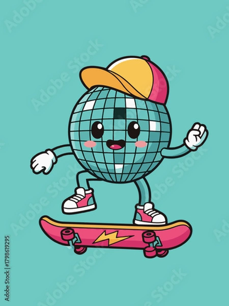 Fototapeta A cute cartoon disco ball character wearing a baseball cap and riding a skateboard with a lightning bolt design.