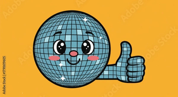 Fototapeta A cute cartoon disco ball character with a happy face gives a thumbs-up gesture on an orange background.