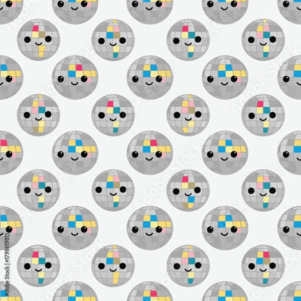 Fototapeta A repeating pattern featuring cute, smiling disco balls with colorful reflective surfaces on a white background.