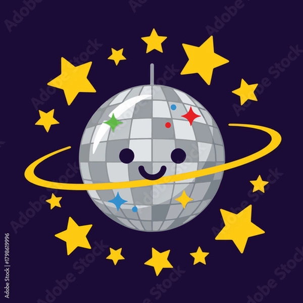 Fototapeta A cute, smiling disco ball with a yellow ring around it, surrounded by yellow stars on a dark purple background.