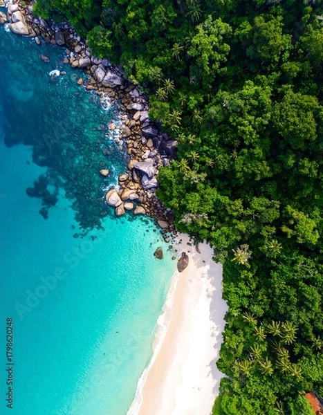 Obraz Aerial view of a stunning tropical coastline featuring vibrant turquoise water, white sand, and lush green vegetation
