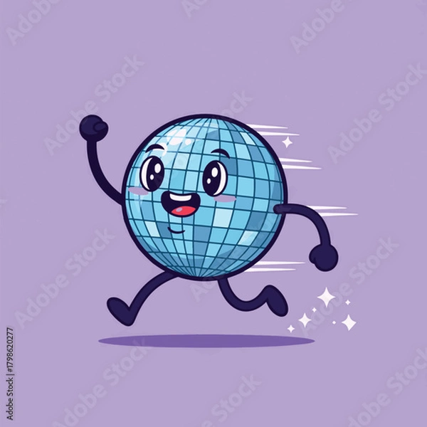 Fototapeta A cheerful cartoon disco ball character is running with a happy expression and motion lines.