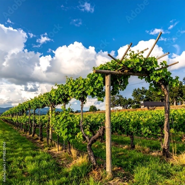Obraz Lush rows of grapevines thriving under a partly cloudy blue sky, suggesting cultivation and agricultural beauty. A scenic shot of rural landscape