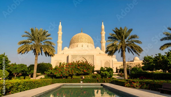 Obraz Beautiful Mosque with Palm Trees and Reflecting Pool Under a Clear Blue Sky.