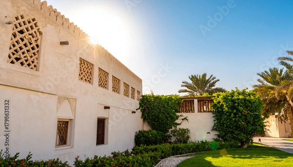 Obraz Bright sunlight illuminates the white building and lush greenery.
