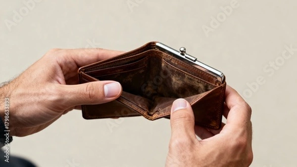 Obraz male hands opening empty wallet