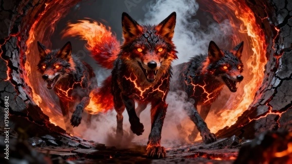 Fototapeta three demonic foxes with charred skin in ominous hell cracked landscape, demonic fox exiting hellish portal