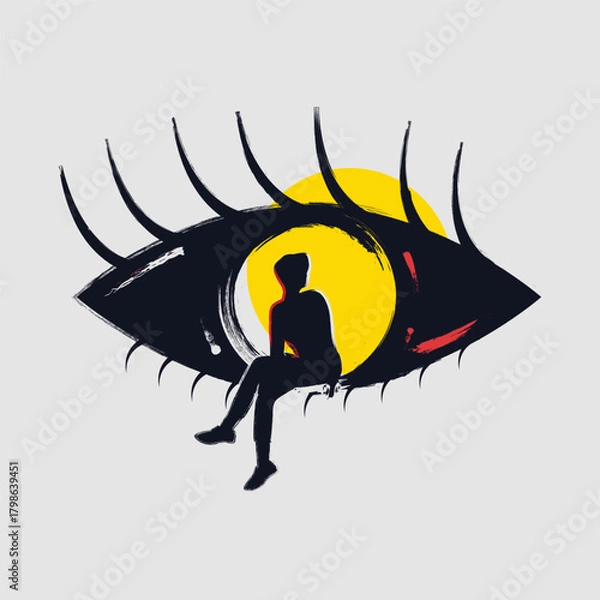 Fototapeta Modern abstract illustration featuring a silhouette figure inside a bold brushstroke eye with a vibrant yellow background
