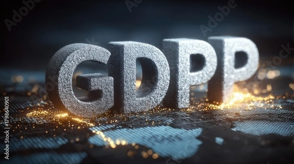 Fototapeta Textured letters spelling "GDPP" illuminated by glowing particles create a captivating digital backdrop in a modern business context