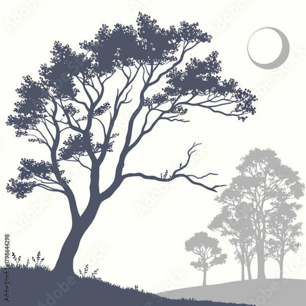 Fototapeta Silhouette of a tree with birds perched on its branches, set against a full moon and a, creating a serene and peaceful atmosphere isolated on