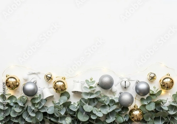 Fototapeta Elegant Christmas Border Gold  Silver Ornaments, Eucalyptus, Twinkle Lights