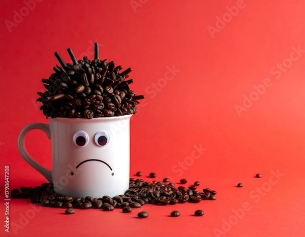 Obraz Sad coffee mug with coffee bean hedgehog