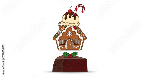 Obraz A delightful christmas dessert featuring a gingerbread house atop a slice of chocolate cake, adorned with a candy cane and cherry, isolated on