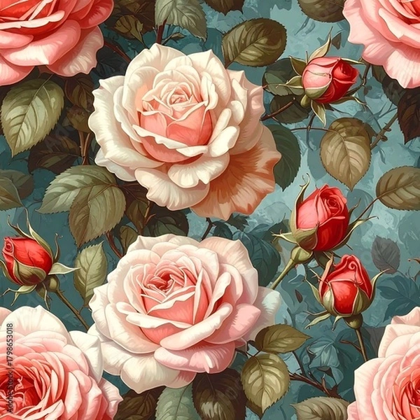 Obraz A vibrant seamless pattern showcasing lush roses in varying stages of bloom, with delicate leaves and a teal backdrop