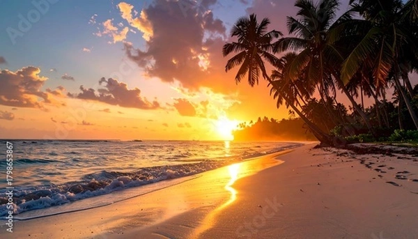 Obraz A vibrant sunset casts golden light on a sandy beach. Palm trees line the shore as waves gently lap against the sand. The sky is filled with clouds