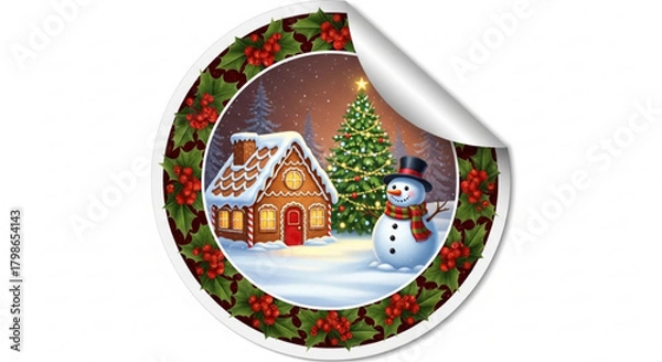 Obraz Christmas sticker featuring a gingerbread house, snowman, and christmas tree isolated on, perfect for holiday decorations and greetings